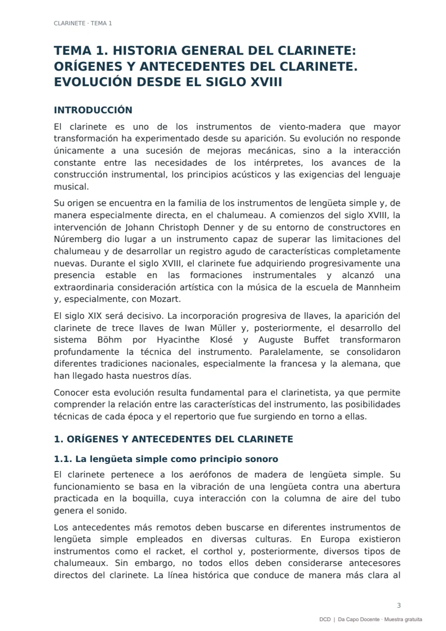 Página de lectura del tema de Clarinete